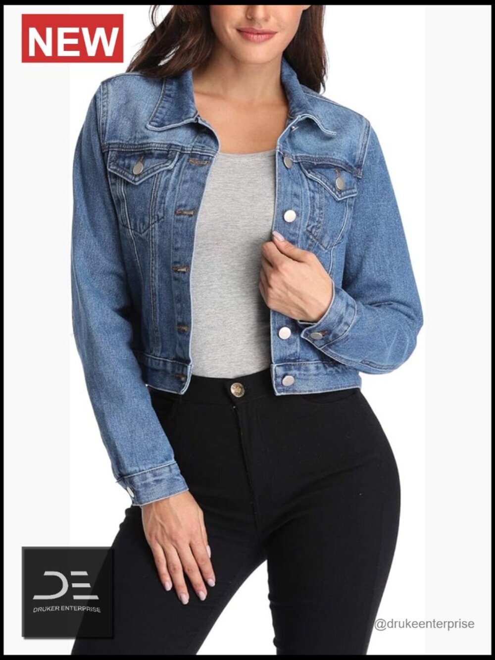 Cropped Denim Jacket Long Sleeve Button Down Jean Shacket with Pockets
